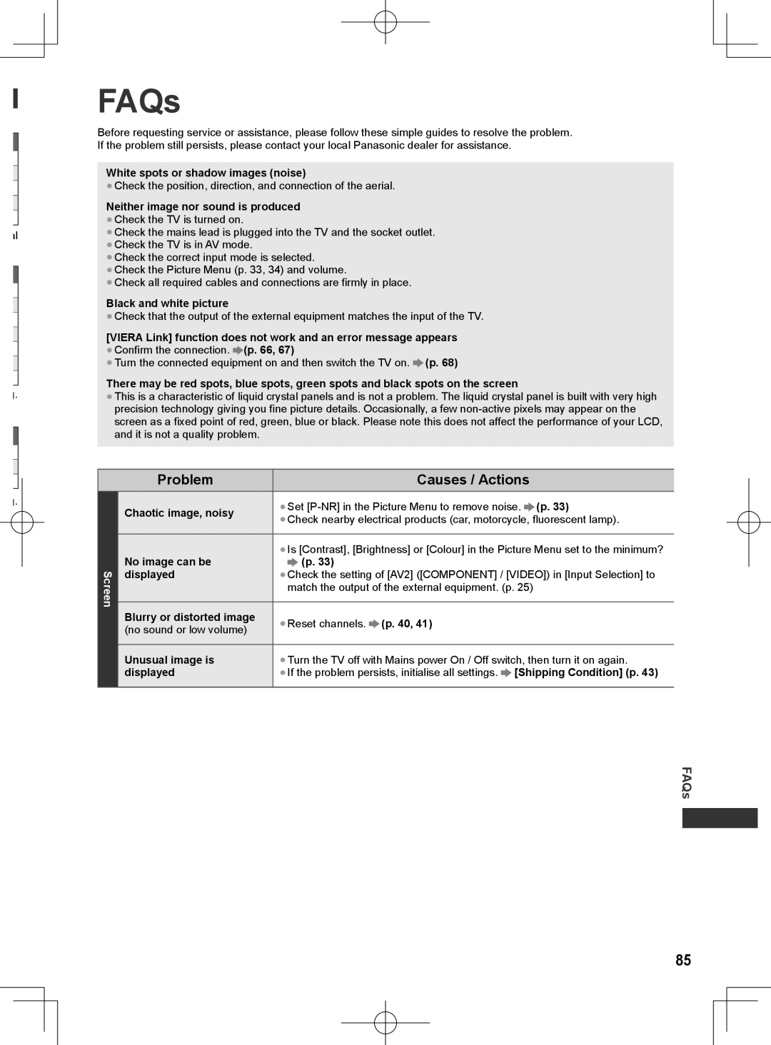 Panasonic ET5T series, ET5M series, ET5K series manual FAQs, Problem Causes / Actions 