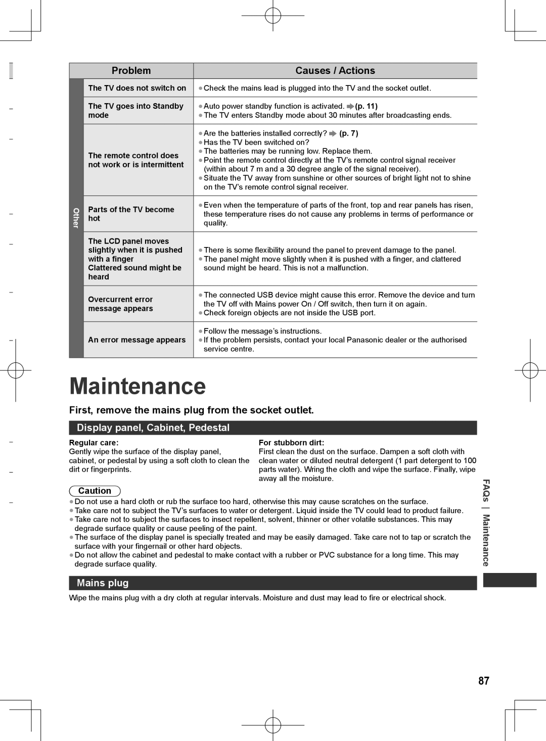 Panasonic ET5M series Maintenance, First, remove the mains plug from the socket outlet, Display panel, Cabinet, Pedestal 