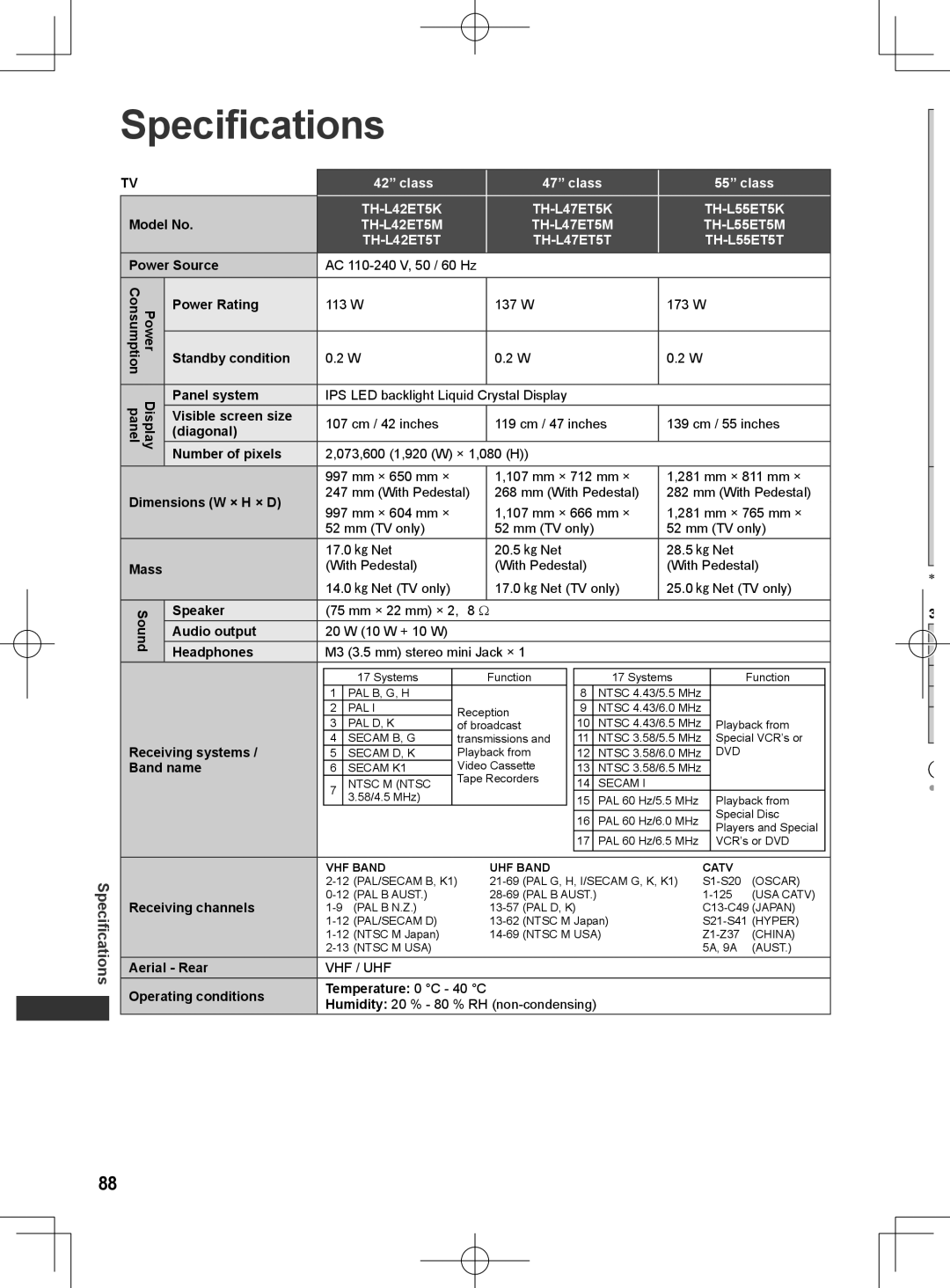 Panasonic ET5T series, ET5M series, ET5K series manual Specifications 