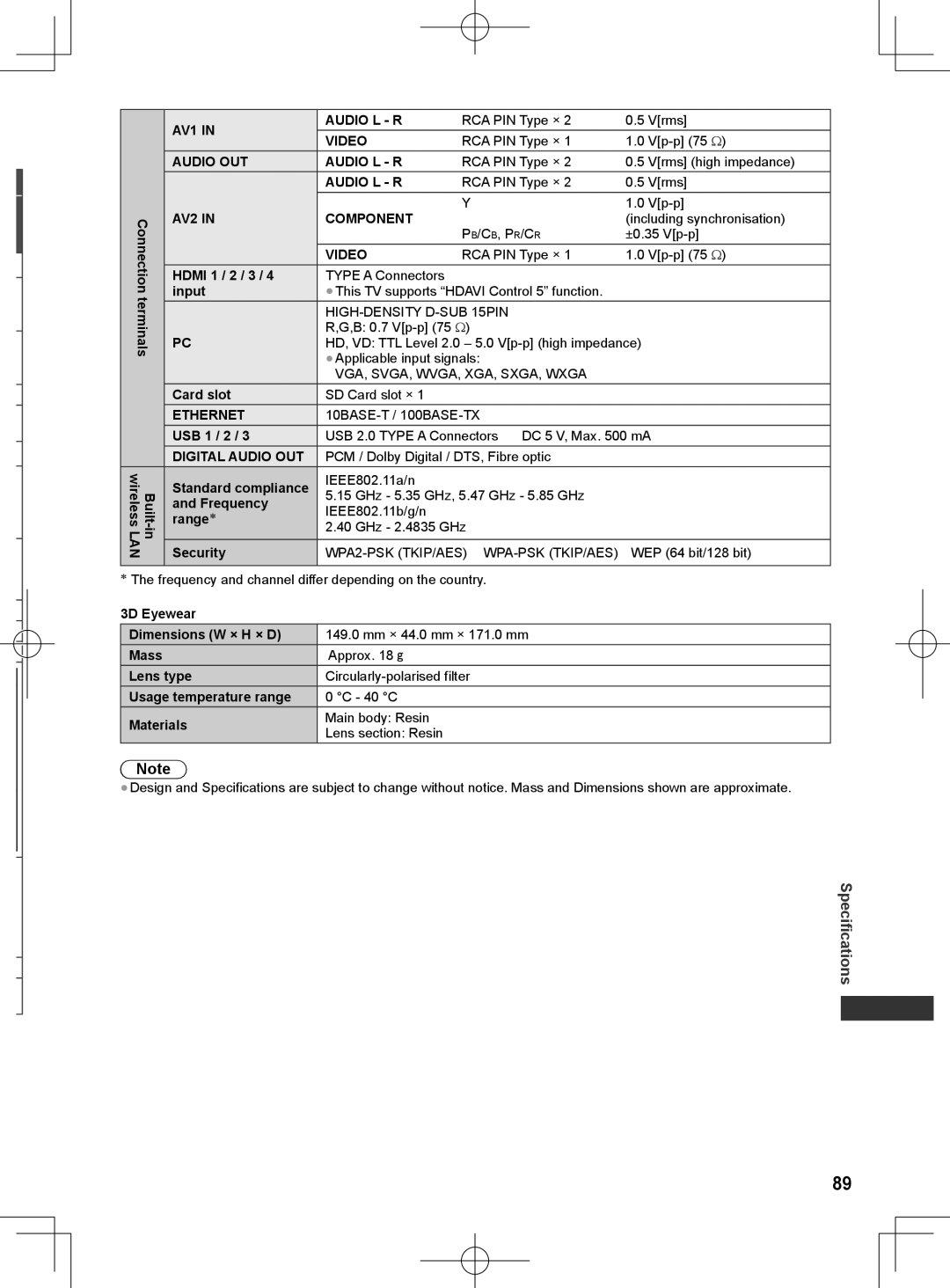 Panasonic ET5K series, ET5M series, ET5T series manual Specifications 