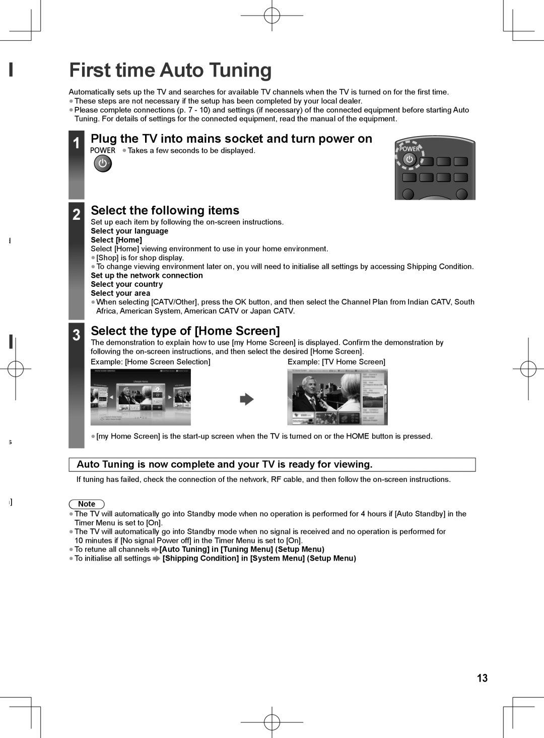 Panasonic ET60M First time Auto Tuning, Plug the TV into mains socket and turn power on, Select the following items 