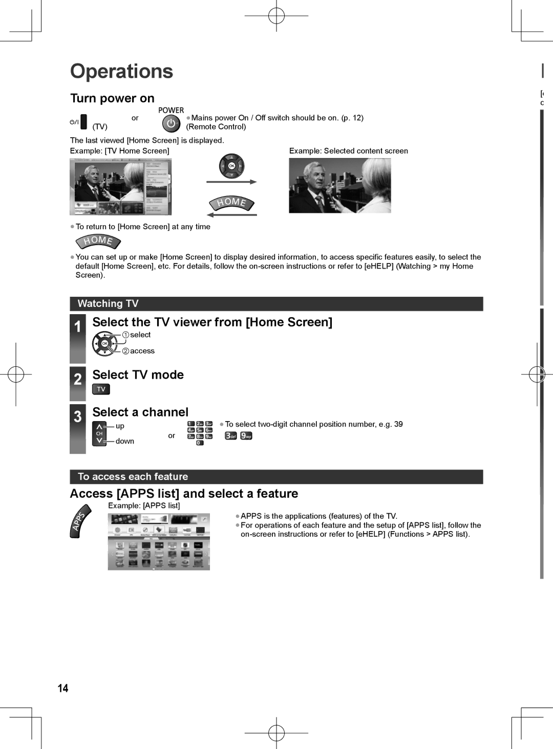 Panasonic ET60M Operations, Turn power on, Select the TV viewer from Home Screen, Select TV mode Select a channel 