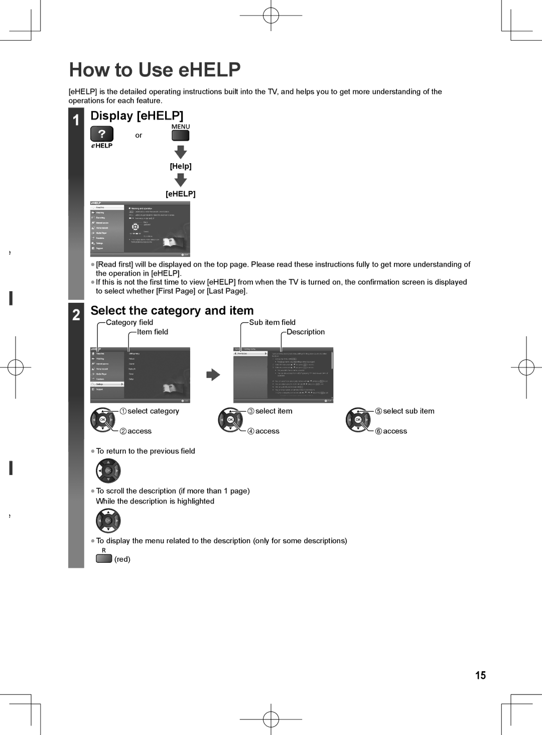 Panasonic ET60M quick start How to Use eHELP, Display eHELP, Select the category and item, Help EHELP 