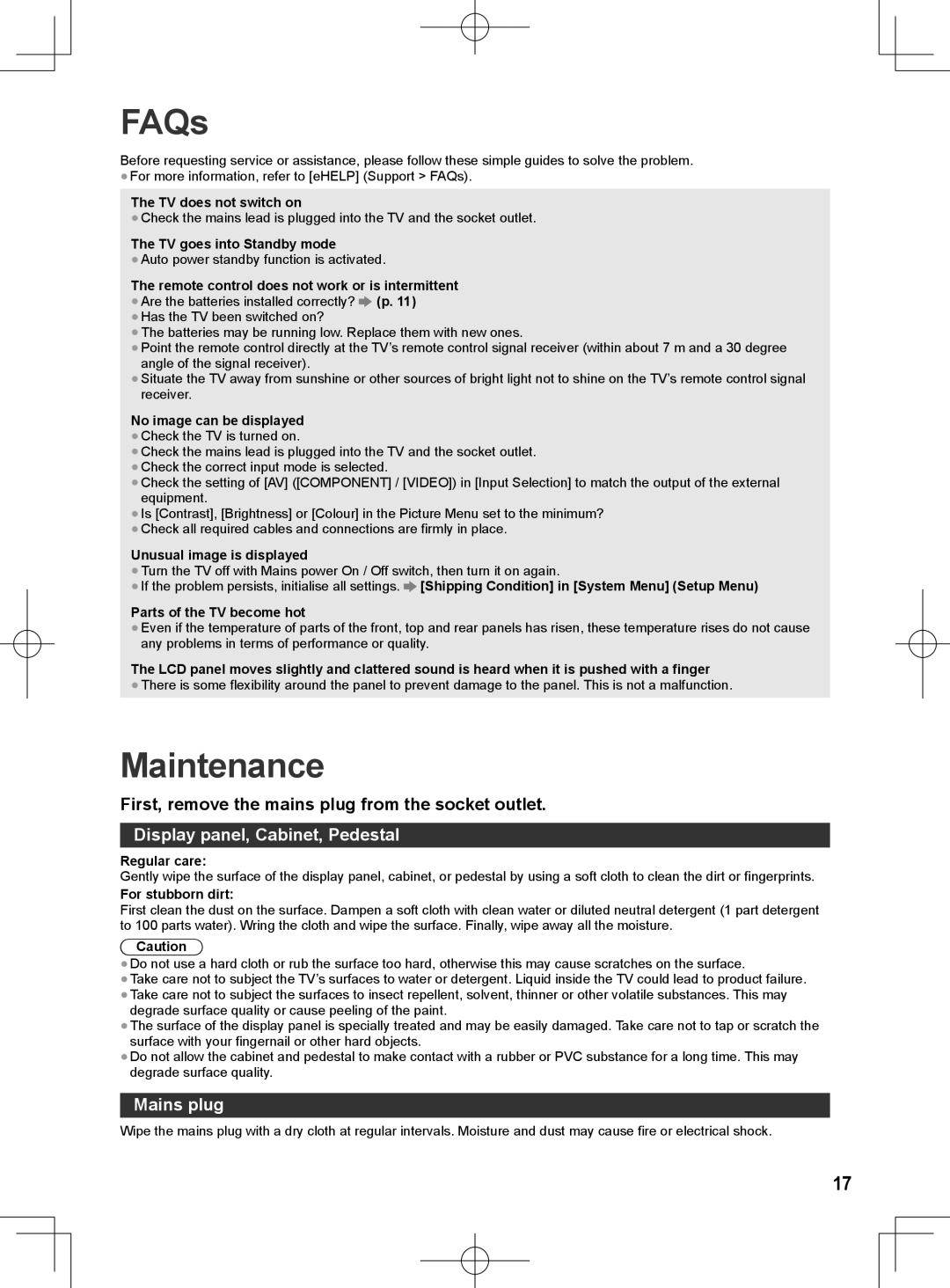 Panasonic ET60M quick start FAQs, Maintenance, Display panel, Cabinet, Pedestal, Mains plug 