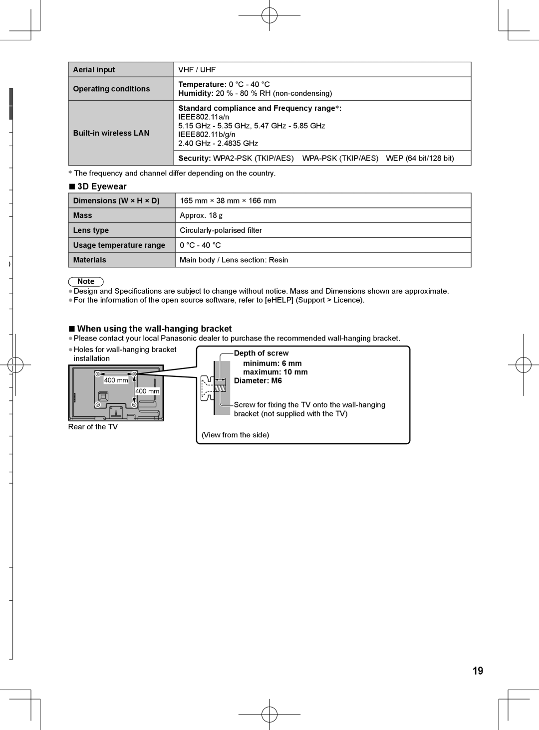 Panasonic ET60M quick start 3D Eyewear, When using the wall-hanging bracket 