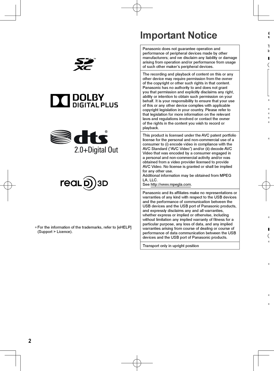 Panasonic ET60M quick start Important Notice 