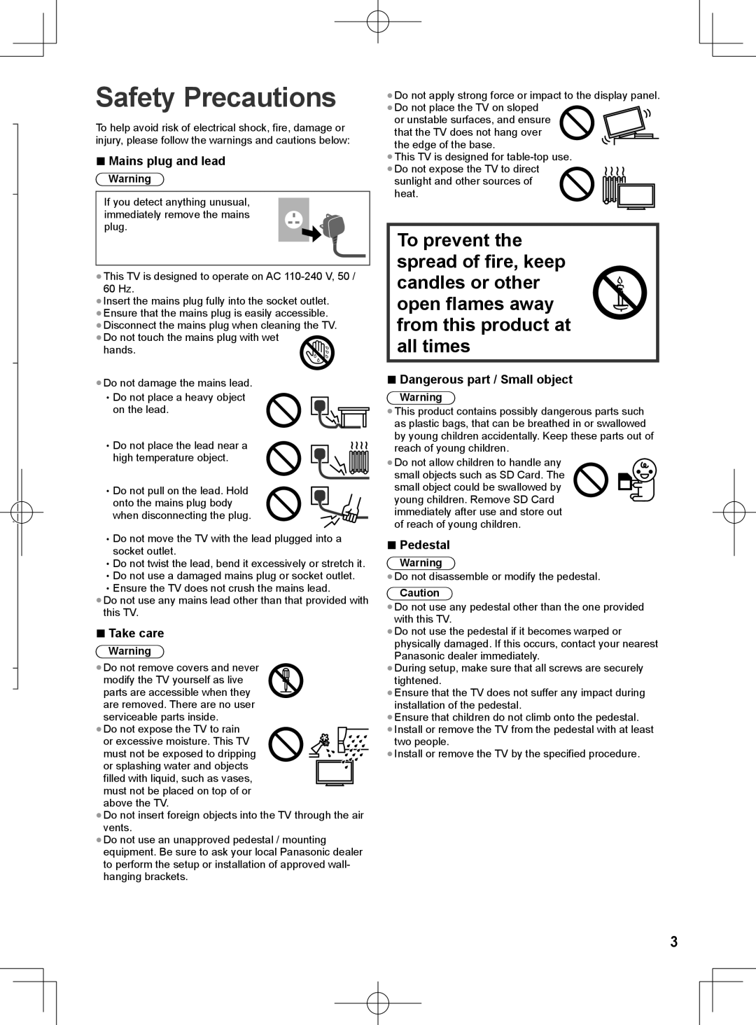 Panasonic ET60M quick start Safety Precautions, Mains plug and lead, Take care, Pedestal 