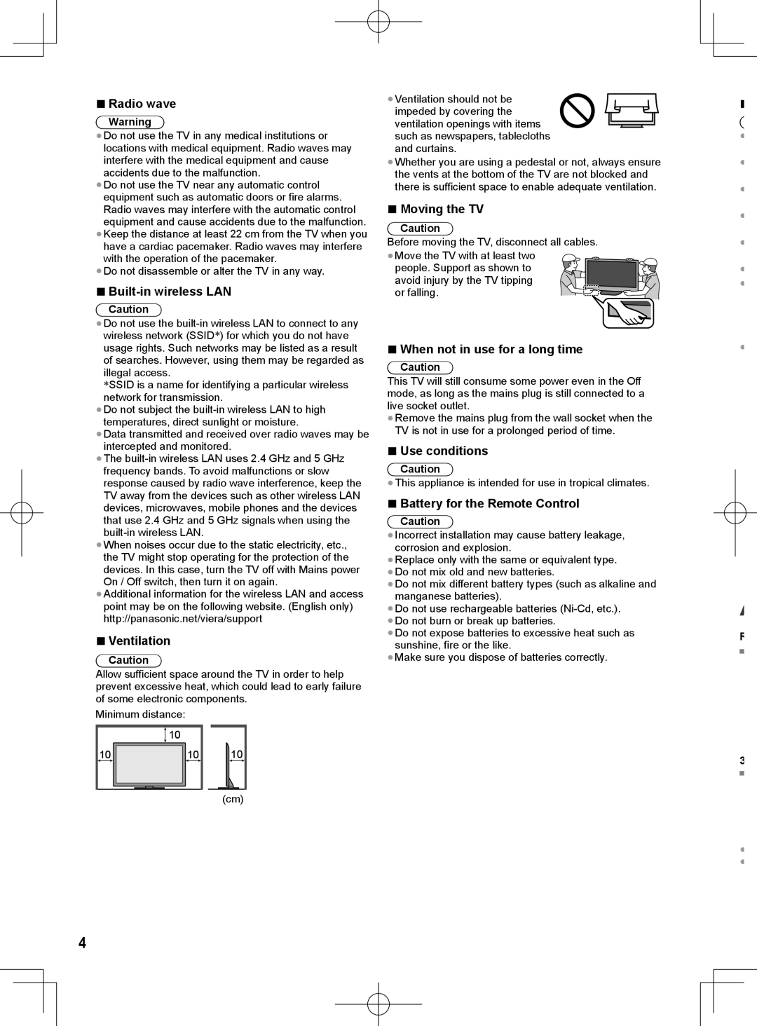 Panasonic ET60M quick start Radio wave, Built-in wireless LAN, Ventilation, Moving the TV, When not in use for a long time 