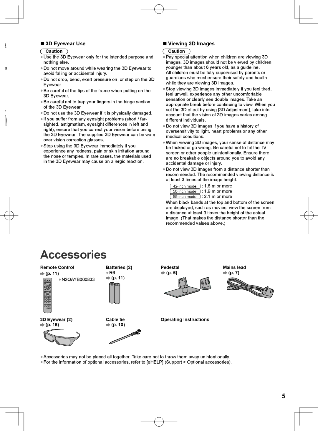 Panasonic ET60M quick start Accessories, 3D Eyewear Use, Viewing 3D Images 