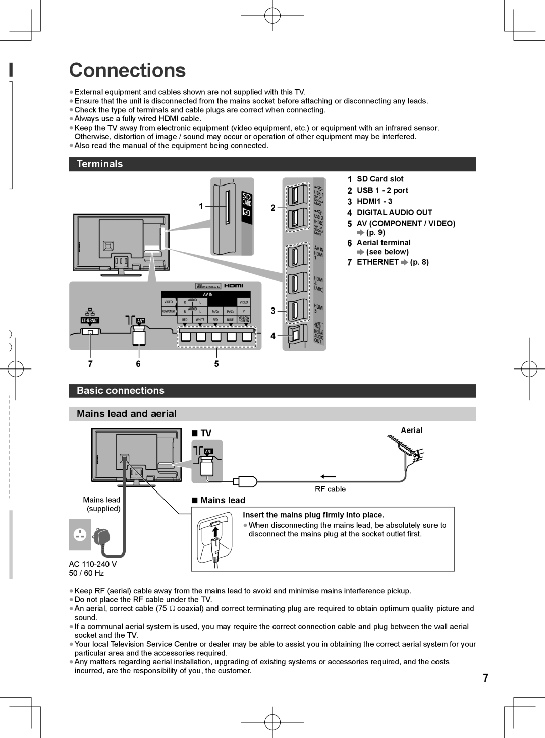 Panasonic ET60M quick start Connections, Terminals, Basic connections, Mains lead 