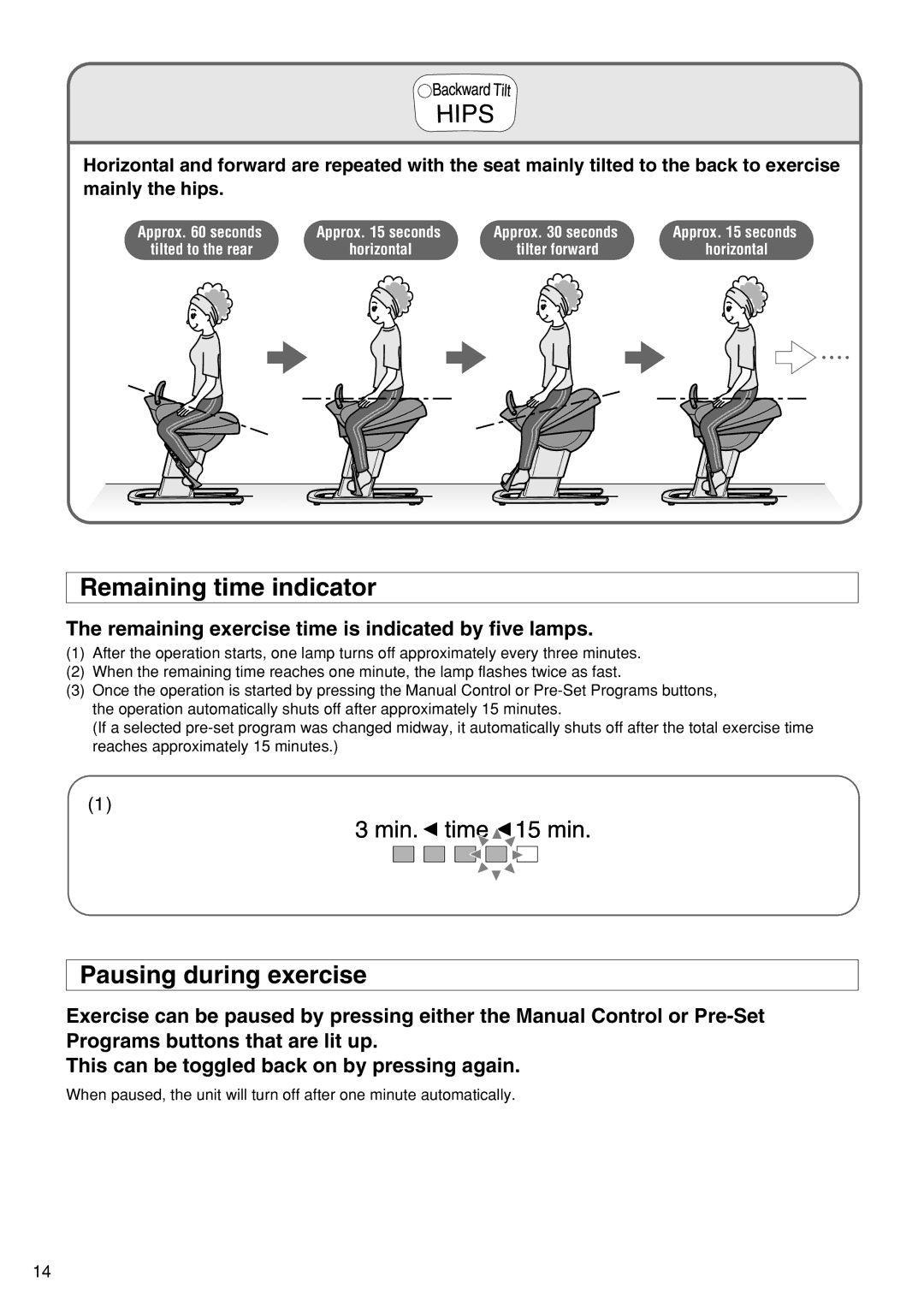 Panasonic EU6441 Remaining time indicator, Pausing during exercise, Remaining exercise time is indicated by five lamps 