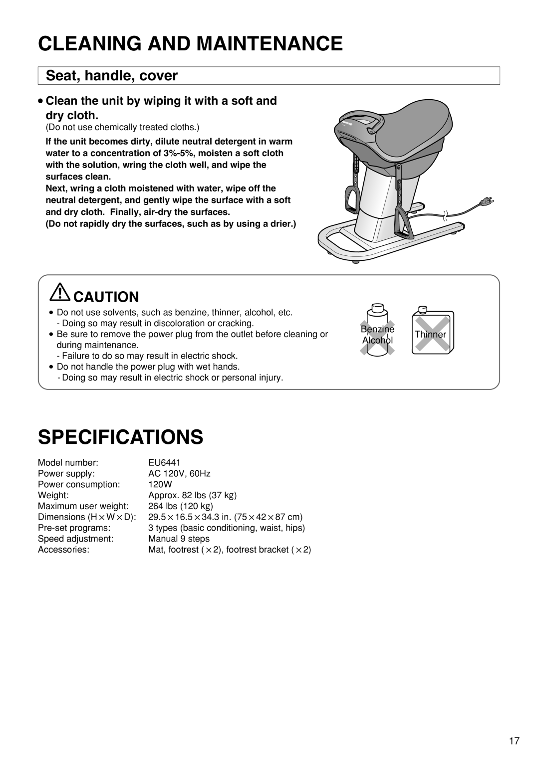 Panasonic EU6441 operating instructions Cleaning and Maintenance, Specifications, Seat, handle, cover 