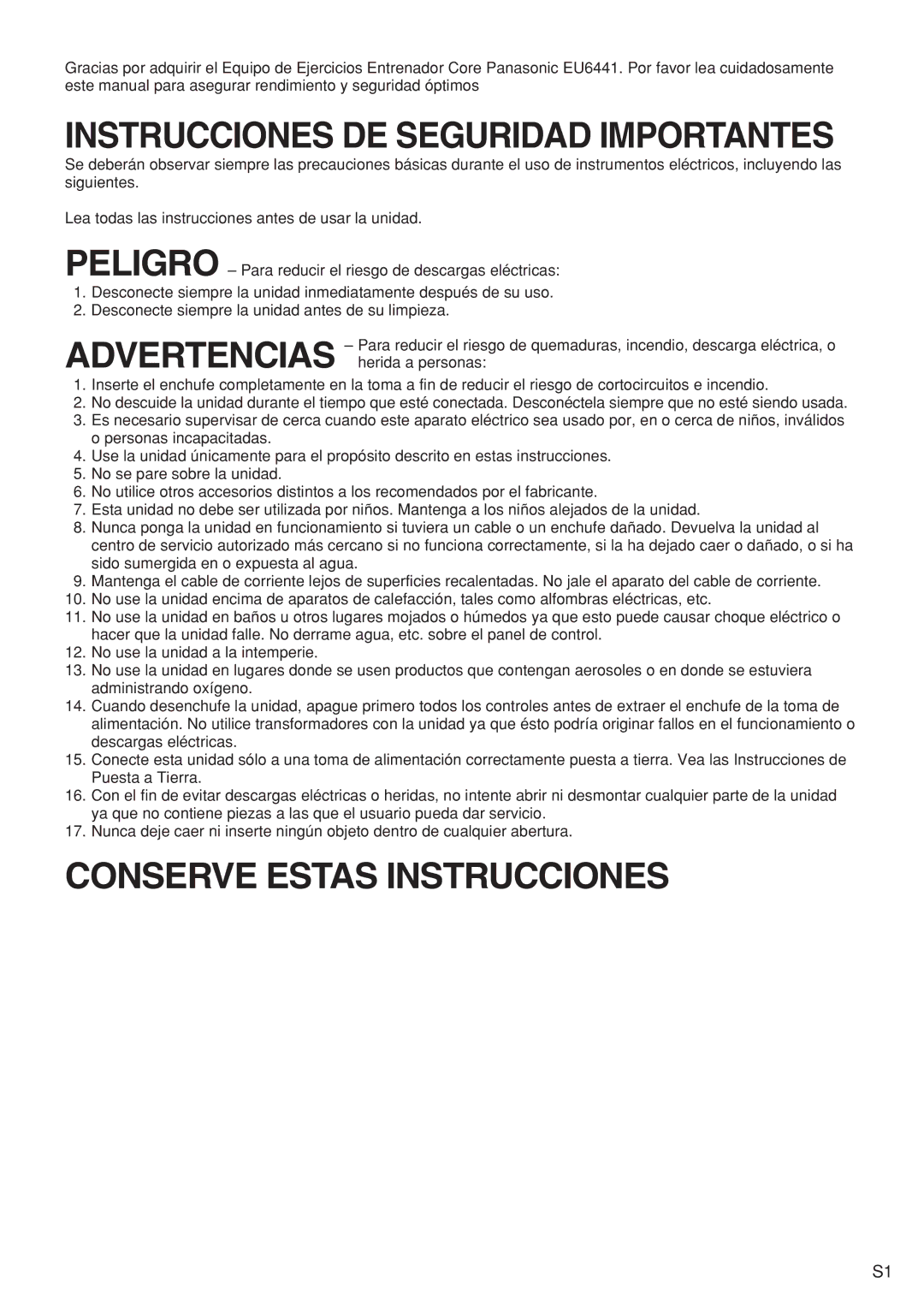 Panasonic EU6441 operating instructions Instrucciones DE Seguridad Importantes, Conserve Estas Instrucciones 