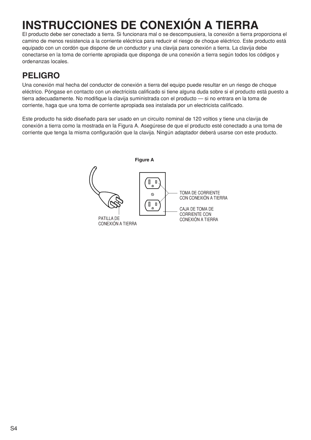 Panasonic EU6441 operating instructions Instrucciones DE Conexión a Tierra, Peligro 