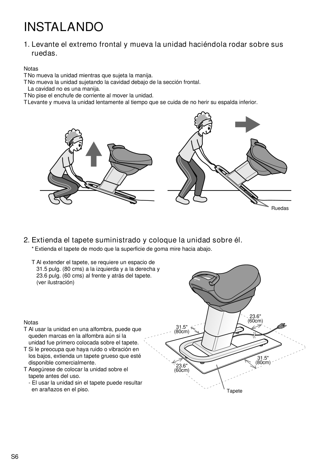 Panasonic EU6441 operating instructions Instalando, Extienda el tapete suministrado y coloque la unidad sobre él 