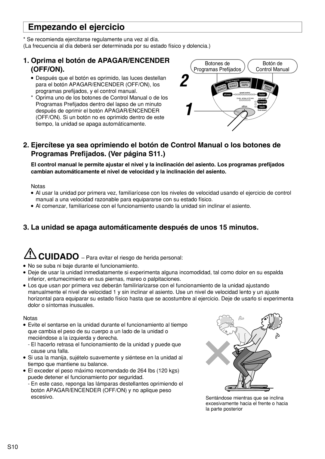 Panasonic EU6441 operating instructions Empezando el ejercicio, Oprima el botón de APAGAR/ENCENDER OFF/ON 