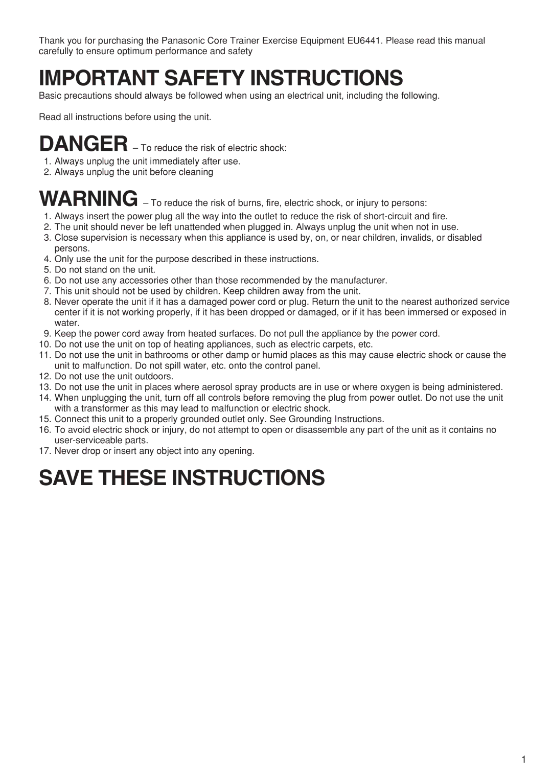 Panasonic EU6441 operating instructions Important Safety Instructions 