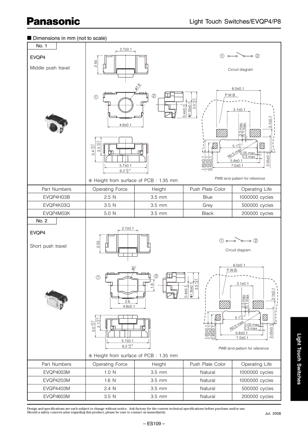 Panasonic EVQP8 specifications Dimensions in mm not to scale, EVQP4M03K, EVQP4203M, EVQP4403M 