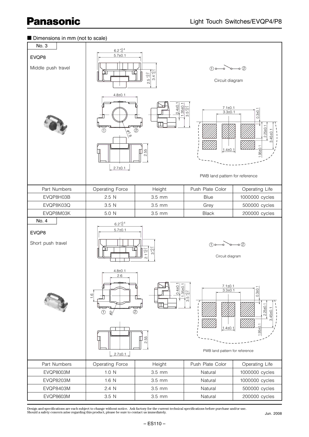 Panasonic EVQP4 specifications EVQP8H03B, EVQP8K03Q, EVQP8M03K, EVQP8203M, EVQP8403M 