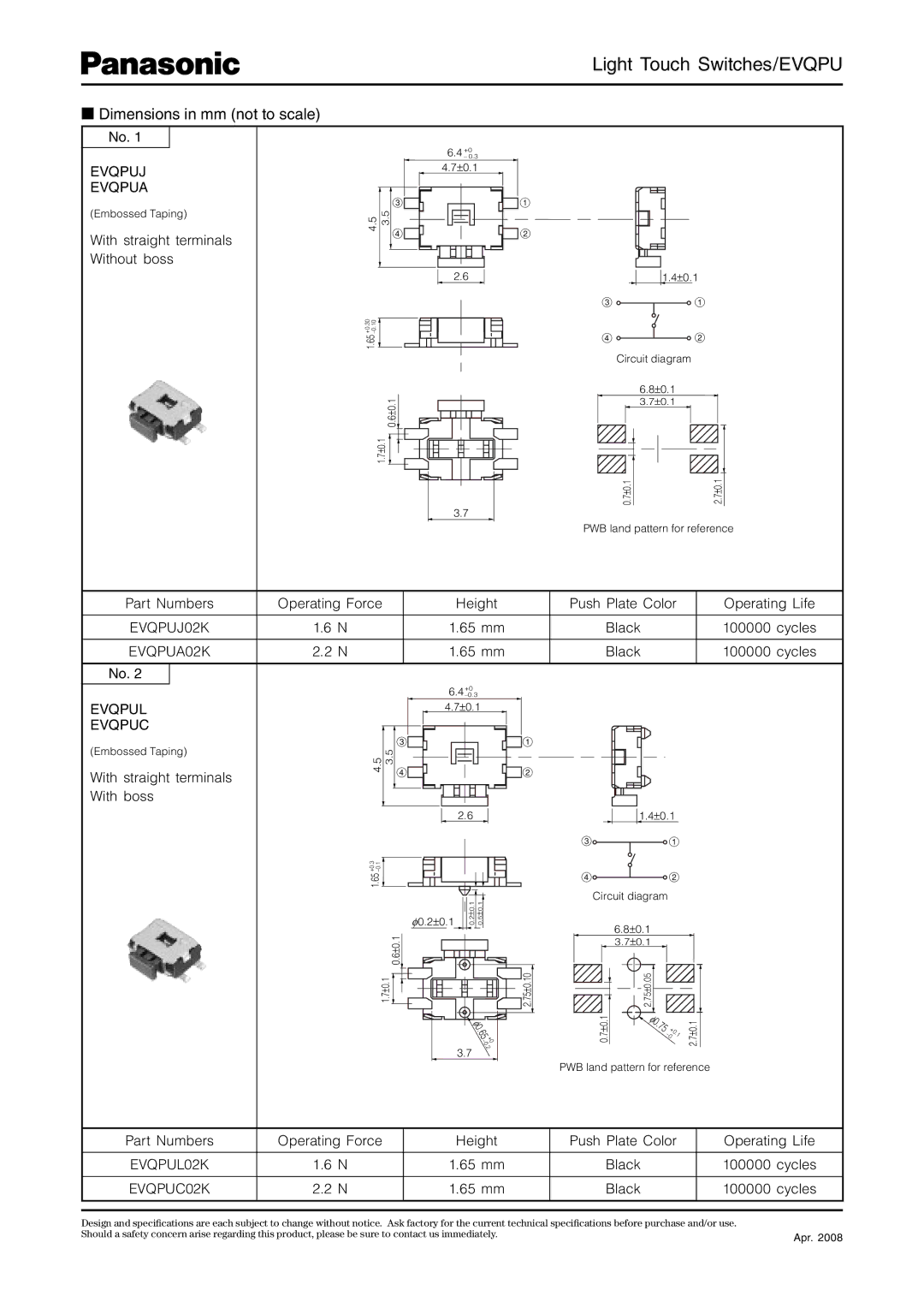 Panasonic specifications Light Touch Switches/EVQPU, Dimensions in mm not to scale 