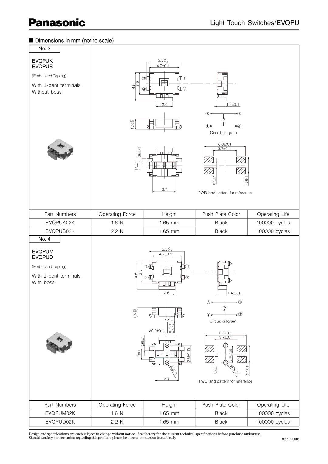 Panasonic Evqpuk Evqpub, With J-bent terminals Without boss, Part Numbers, EVQPUK02K EVQPUB02K Evqpum Evqpud, EVQPUM02K 