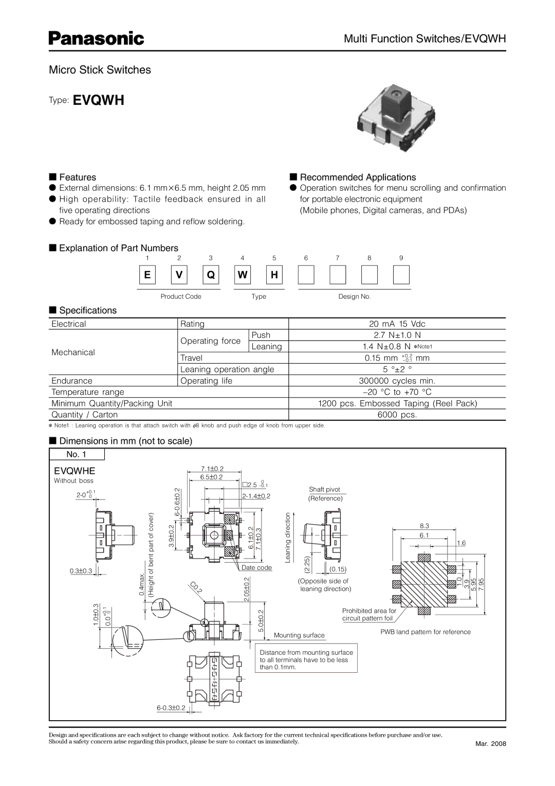 Panasonic specifications Multi Function Switches/EVQWH Micro Stick Switches, Evqwhe 