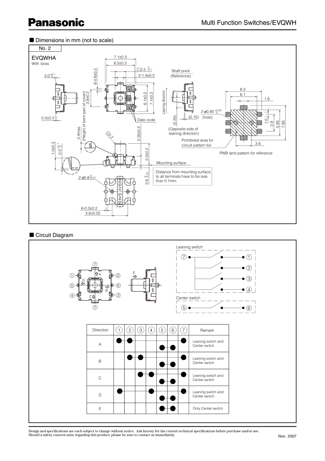 Panasonic Multi Function Switches/EVQWH, Dimensions in mm not to scale EVQWHA7.1±0.3, Circuit Diagram, Remark 