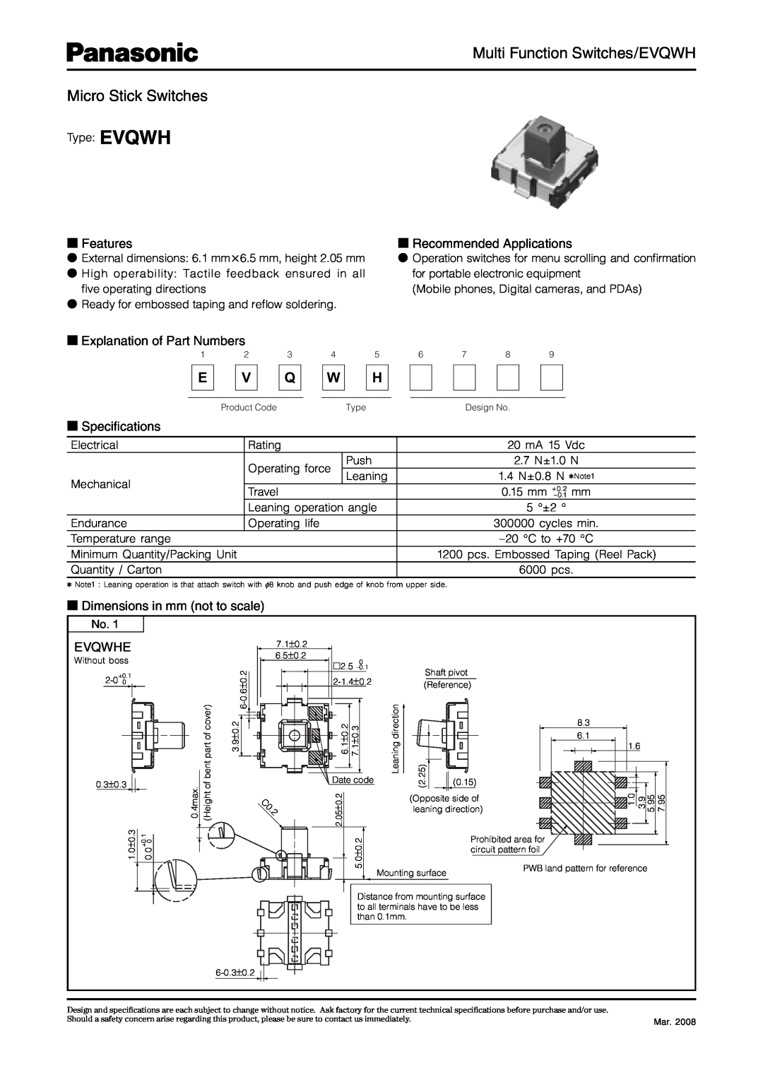 Panasonic specifications Multi Function Switches/EVQWH Micro Stick Switches, Features, Recommended Applications, Evqwhe 
