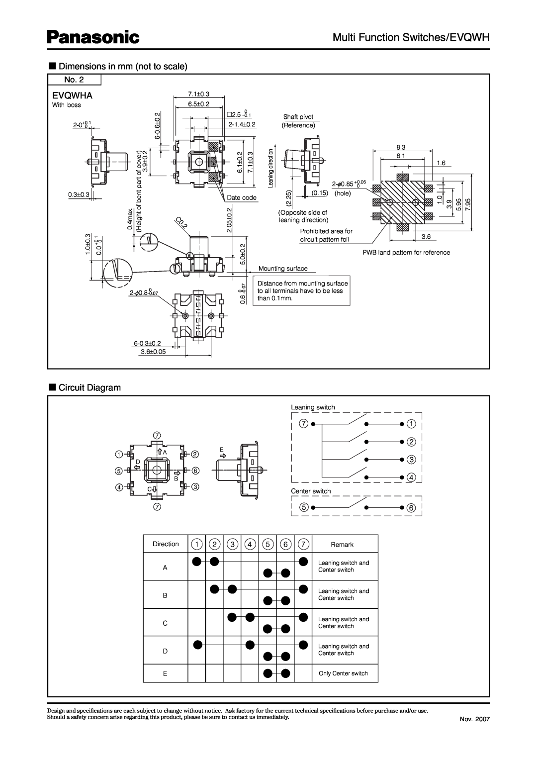 Panasonic Multi Function Switches/EVQWH, EVQWHA7.1±0.3, Circuit Diagram, Dimensions in mm not to scale, Leaning switch 