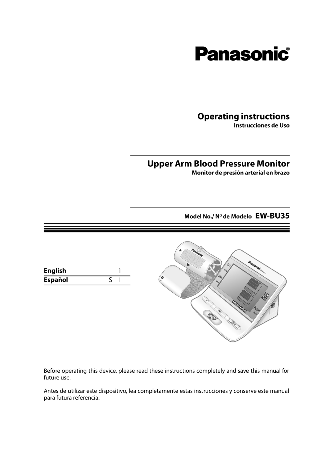 Panasonic EW-BU35 operating instructions Upper Arm Blood Pressure Monitor, Instrucciones de Uso 