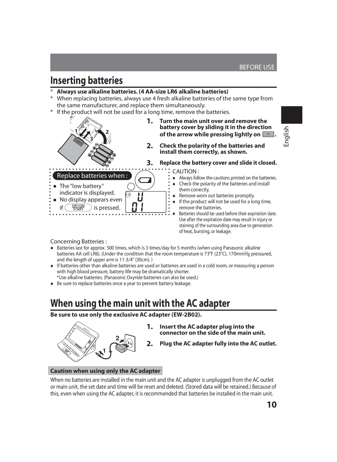 Panasonic EW-BU35 Inserting batteries, When using the main unit with the AC adapter, Replace batteries when 