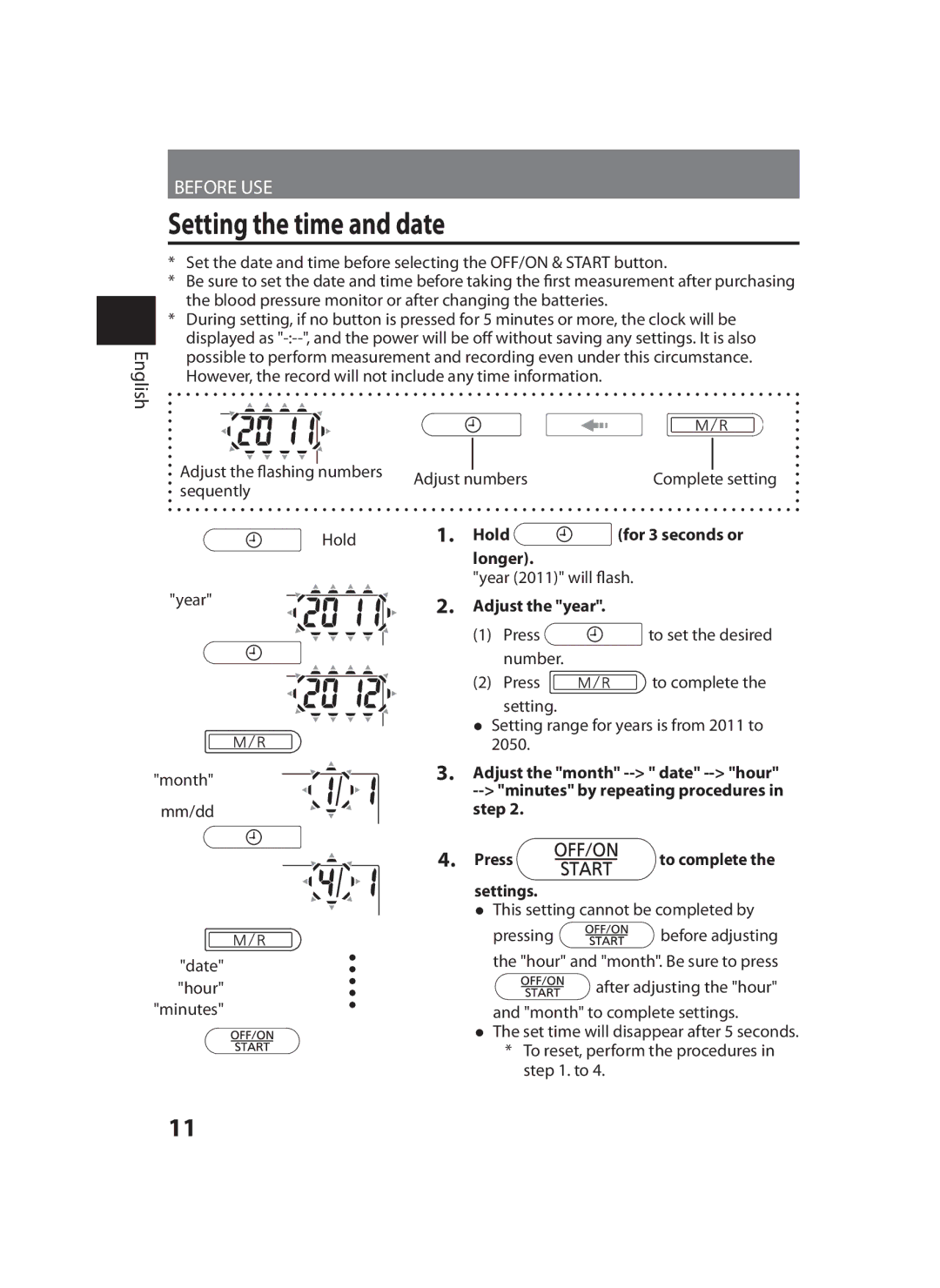 Panasonic EW-BU35 operating instructions Setting the time and date, Hold for 3 seconds or longer, Adjust the year 