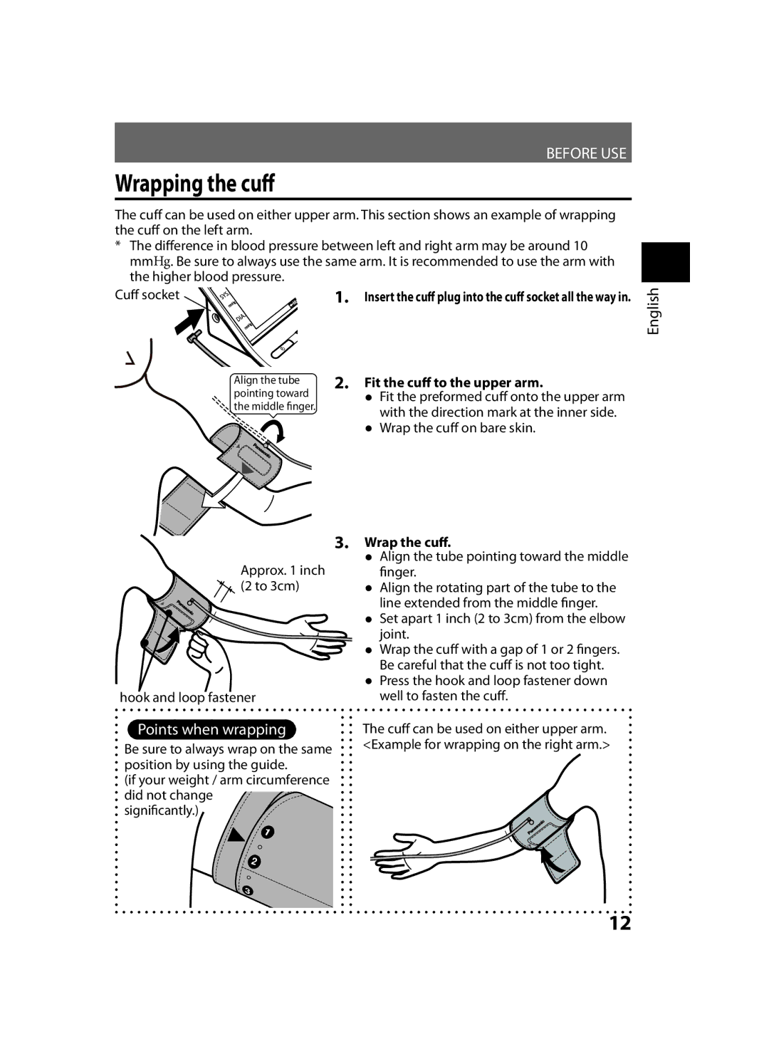 Panasonic EW-BU35 Wrapping the cuff, Points when wrapping, Fit the cuff to the upper arm, Wrap the cuff 