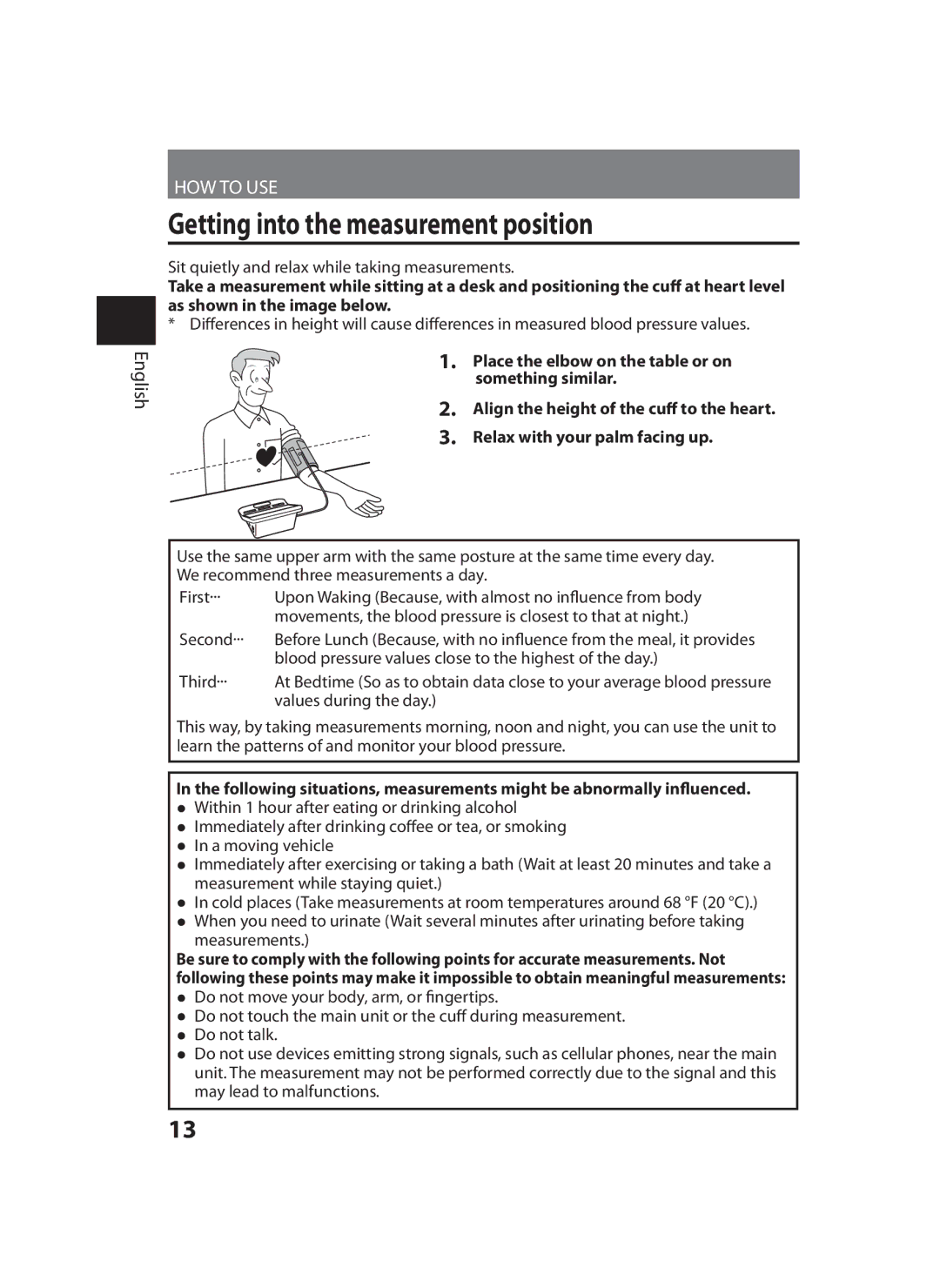 Panasonic EW-BU35 operating instructions Getting into the measurement position, Measurements 