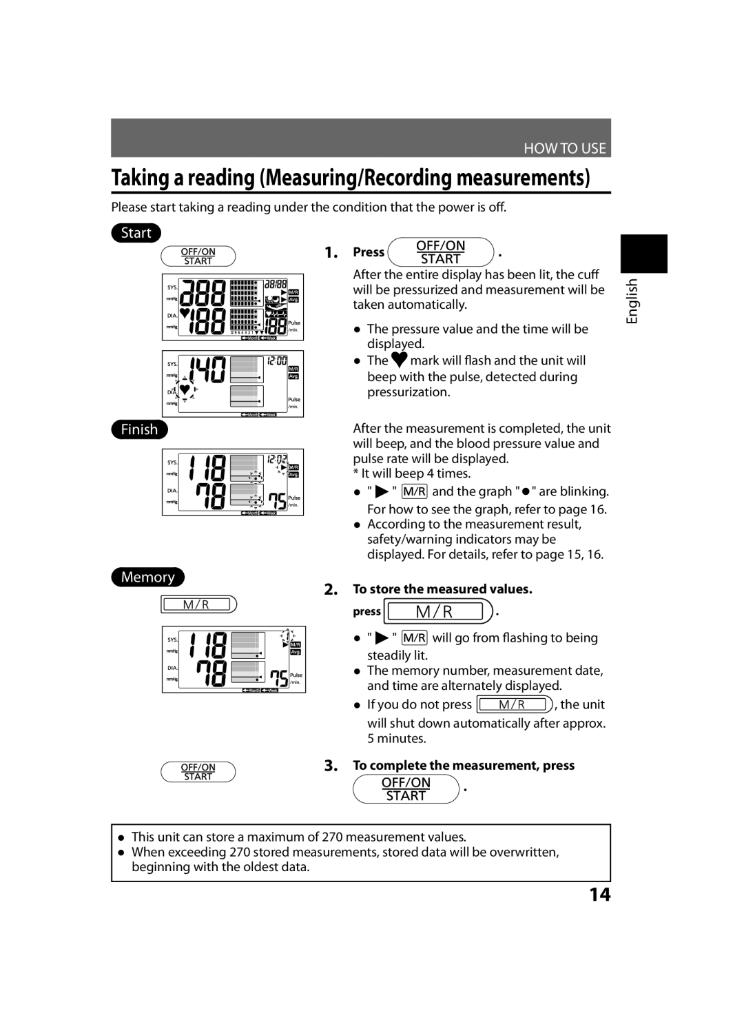 Panasonic EW-BU35 operating instructions Taking a reading Measuring/Recording measurements, Start 