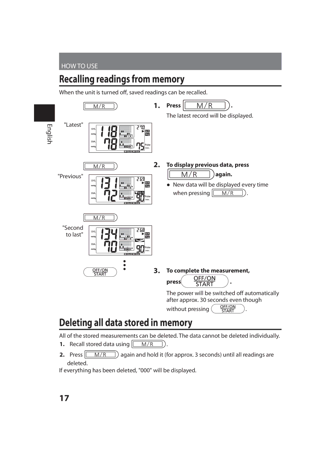 Panasonic EW-BU35 Recalling readings from memory, Deleting all data stored in memory, To complete the measurement Press 