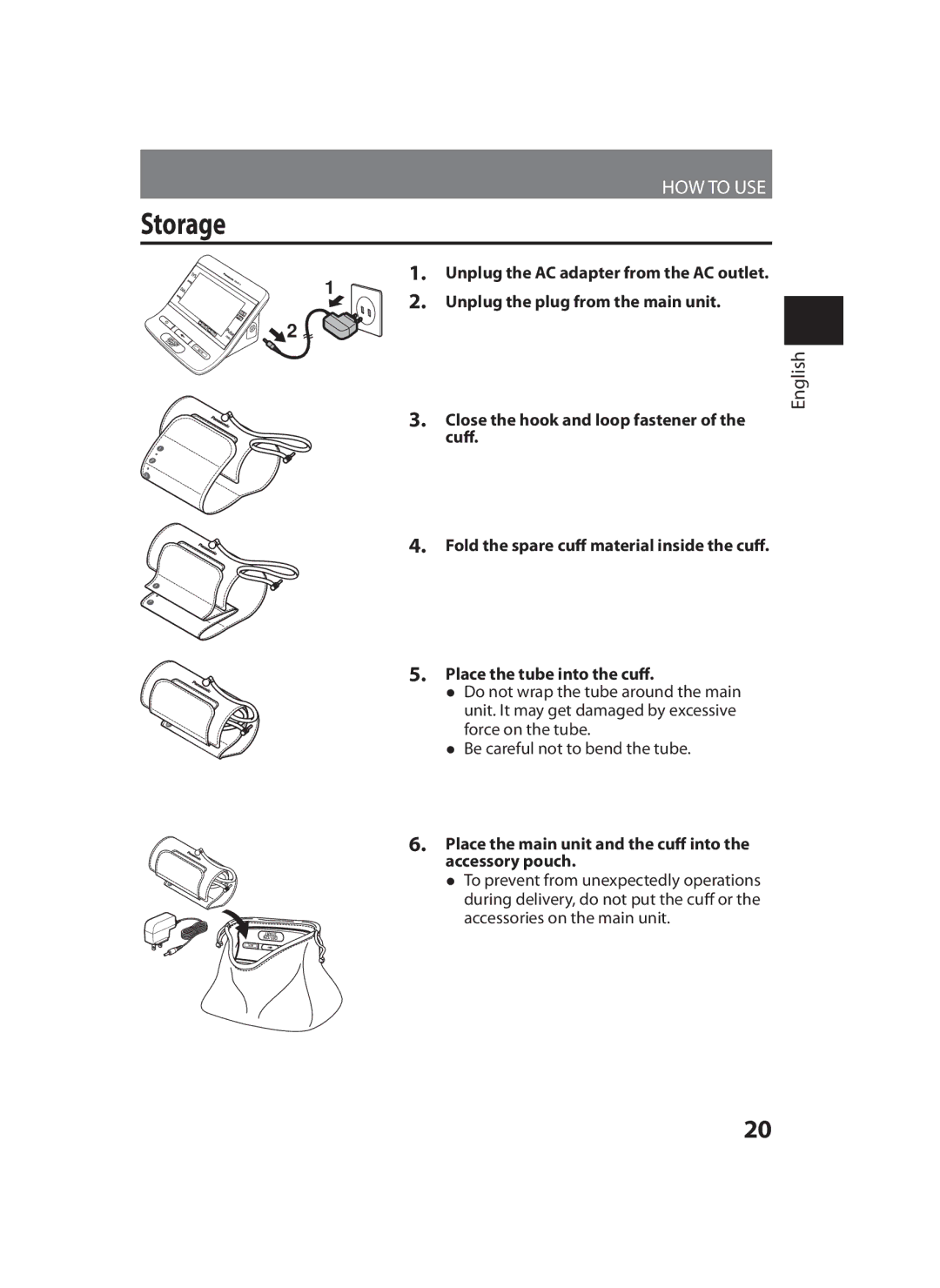 Panasonic EW-BU35 Storage, Unplug the plug from the main unit, Close the hook and loop fastener, Cuff 