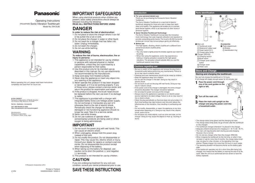 Panasonic EW-DL80 operating instructions Order to reduce the risk of electrocution, Introduction, Parts identification 