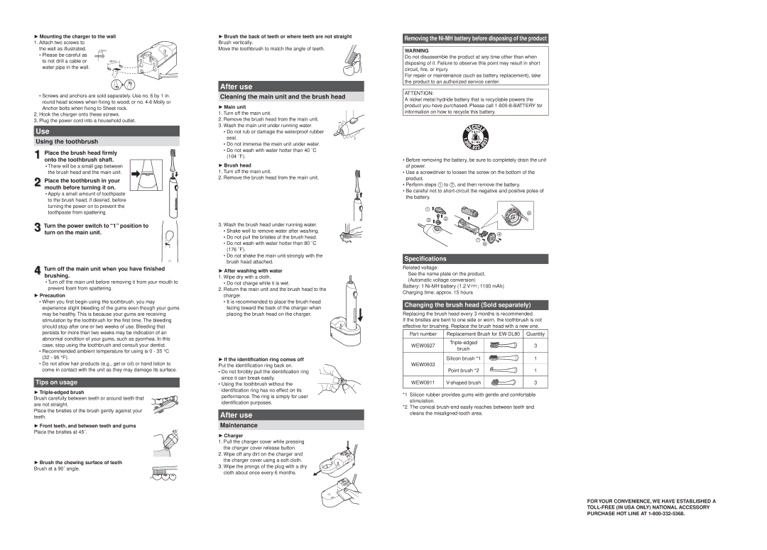 Panasonic EW-DL80 Tips on usage, Removing the Ni‑MH battery before disposing of the product, Specifications 