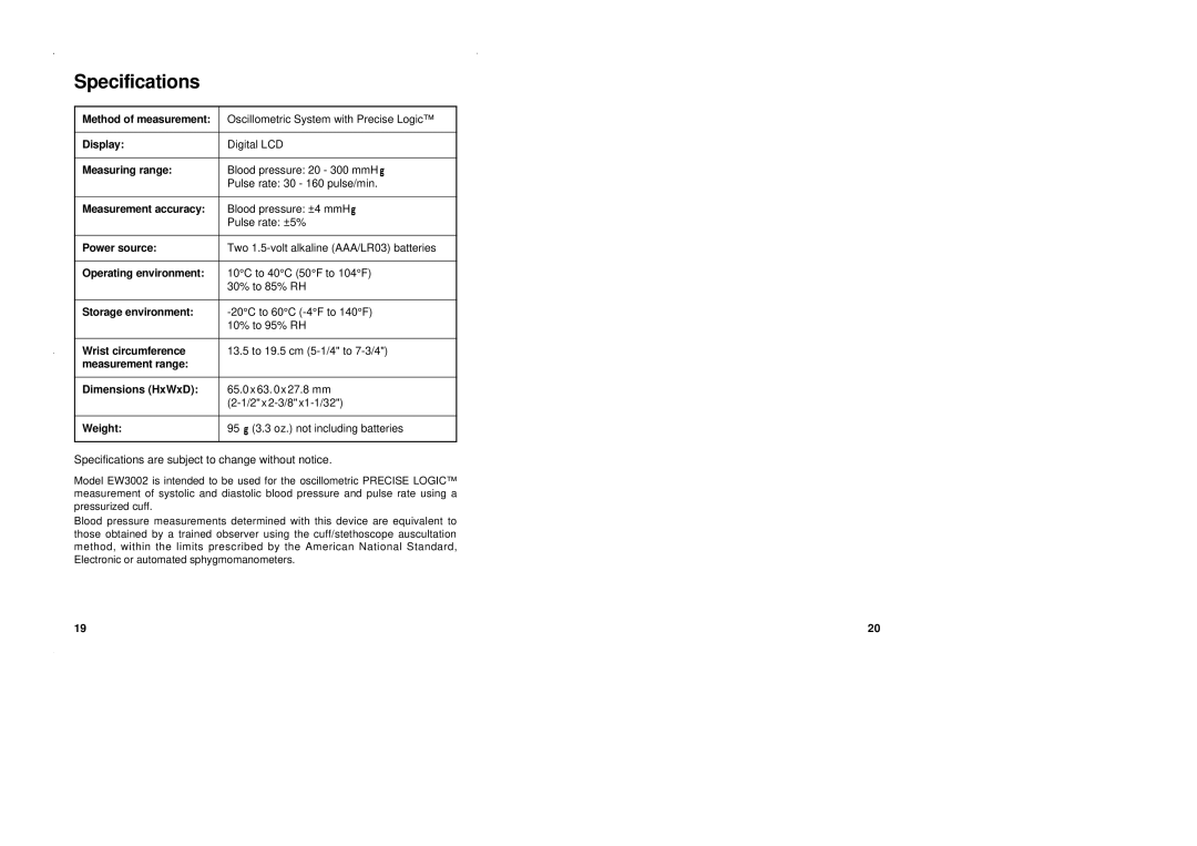 Panasonic EW3002 operating instructions Specifications 