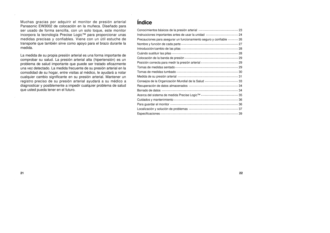 Panasonic EW3002 operating instructions Índice 