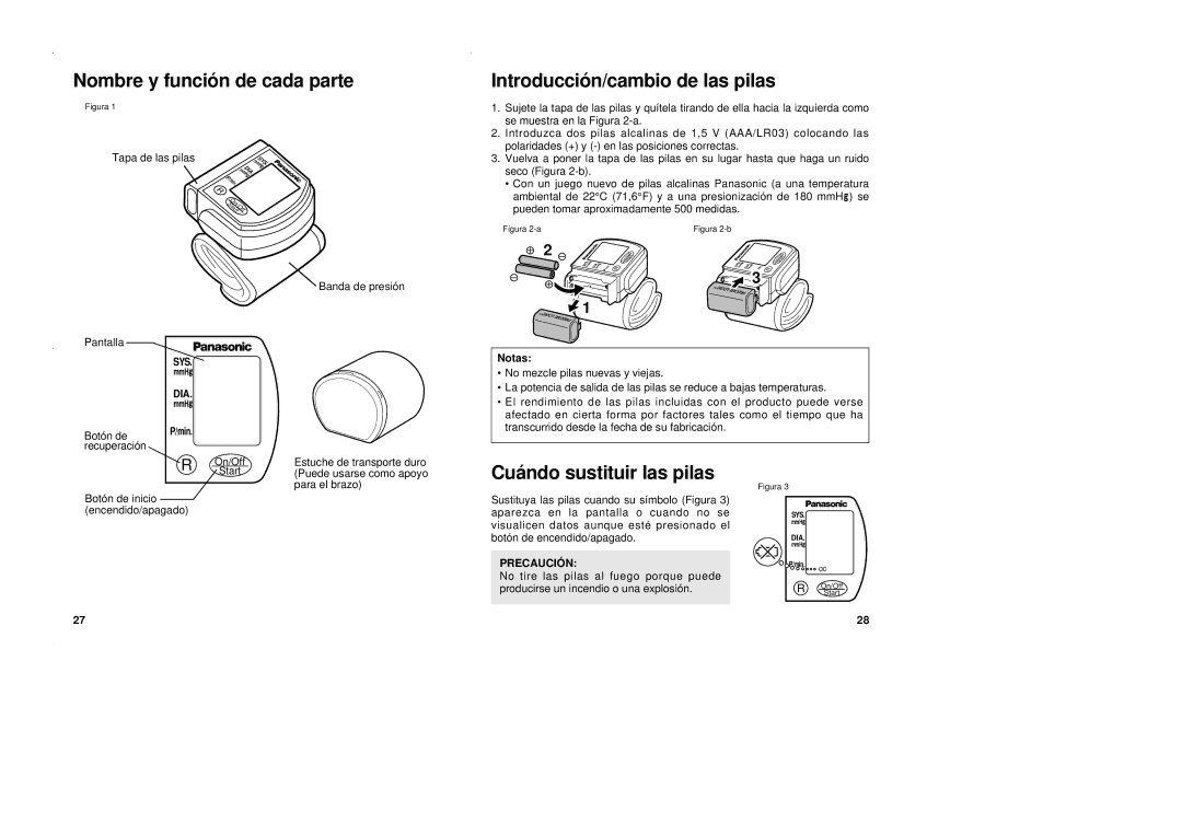 Panasonic EW3002 Nombre y funció n de cada parte, Introducció n/cambio de las pilas, Cuá ndo sustituir las pilas, Notas 