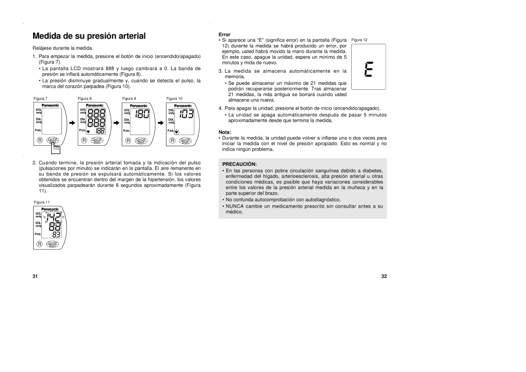 Panasonic EW3002 operating instructions Medida de su presió n arterial, Nota 