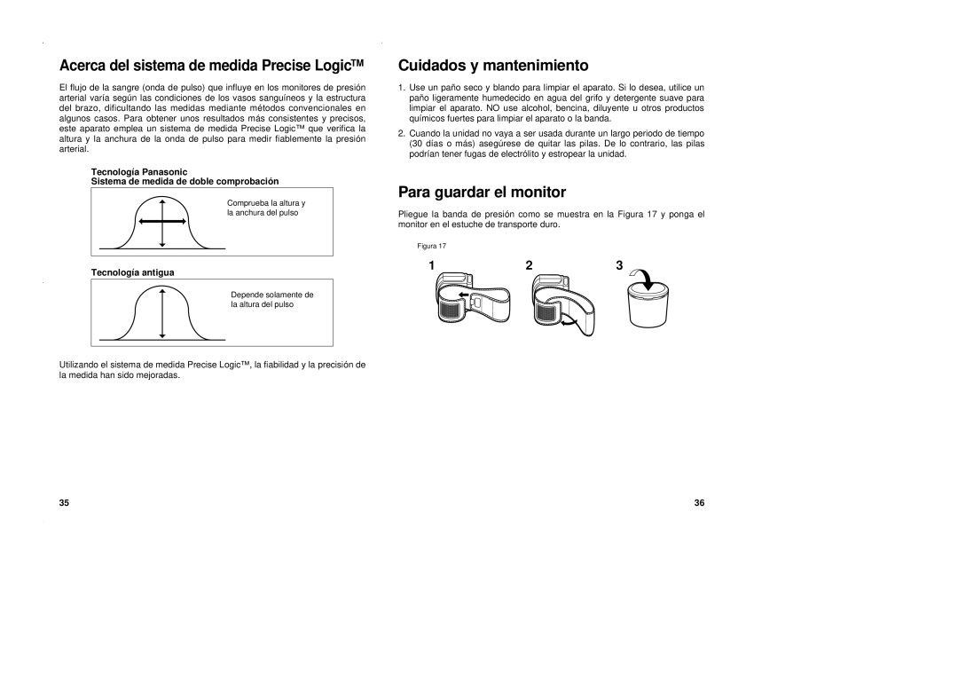 Panasonic EW3002 Cuidados y mantenimiento, Para guardar el monitor, Acerca del sistema de medida Precise Logic 