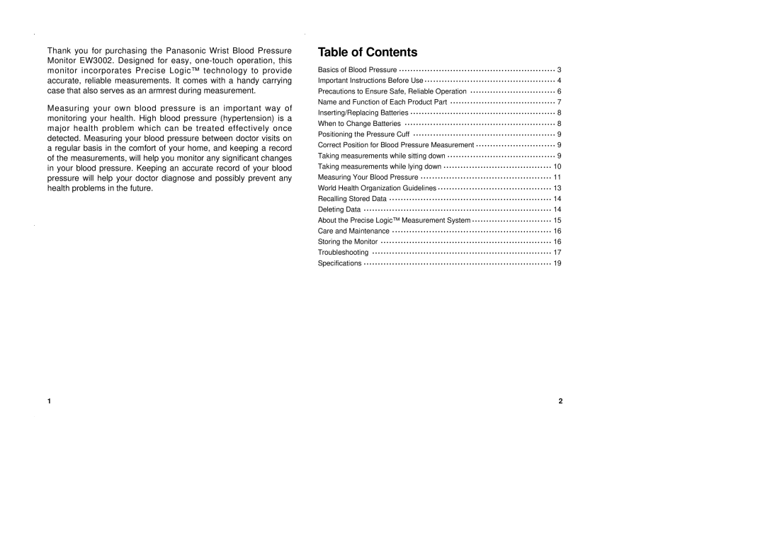 Panasonic EW3002 operating instructions Table of Contents 