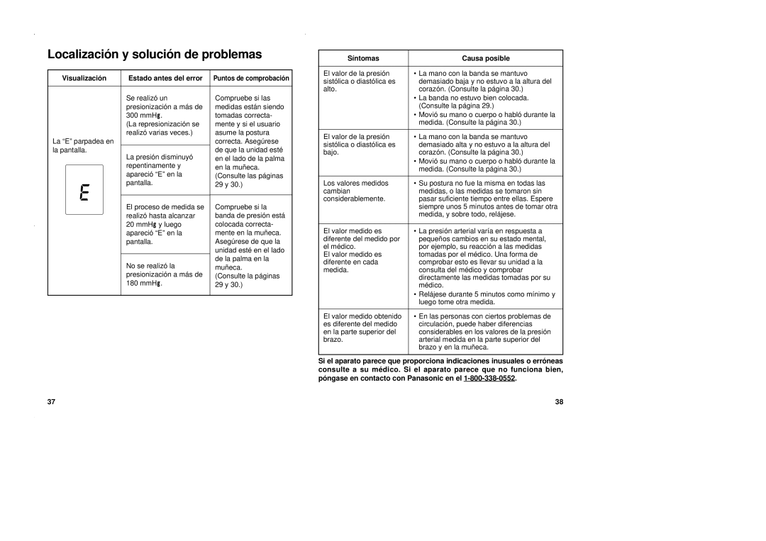 Panasonic EW3002 Localizació n y solució n de problemas, Visualizació n Estado antes del error, Síntomas Causa posible 