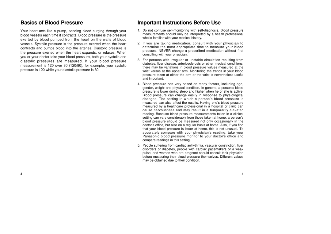 Panasonic EW3002 operating instructions Basics of Blood Pressure, Important Instructions Before Use 