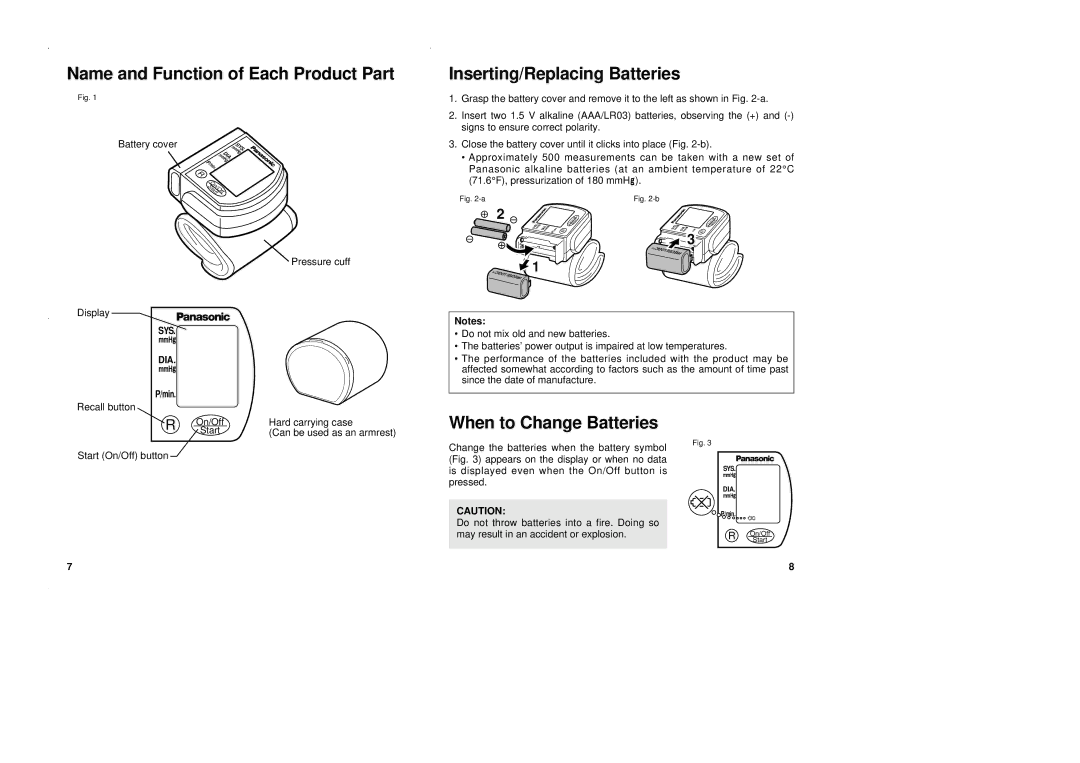 Panasonic EW3002 Name and Function of Each Product Part, Inserting/Replacing Batteries, When to Change Batteries 