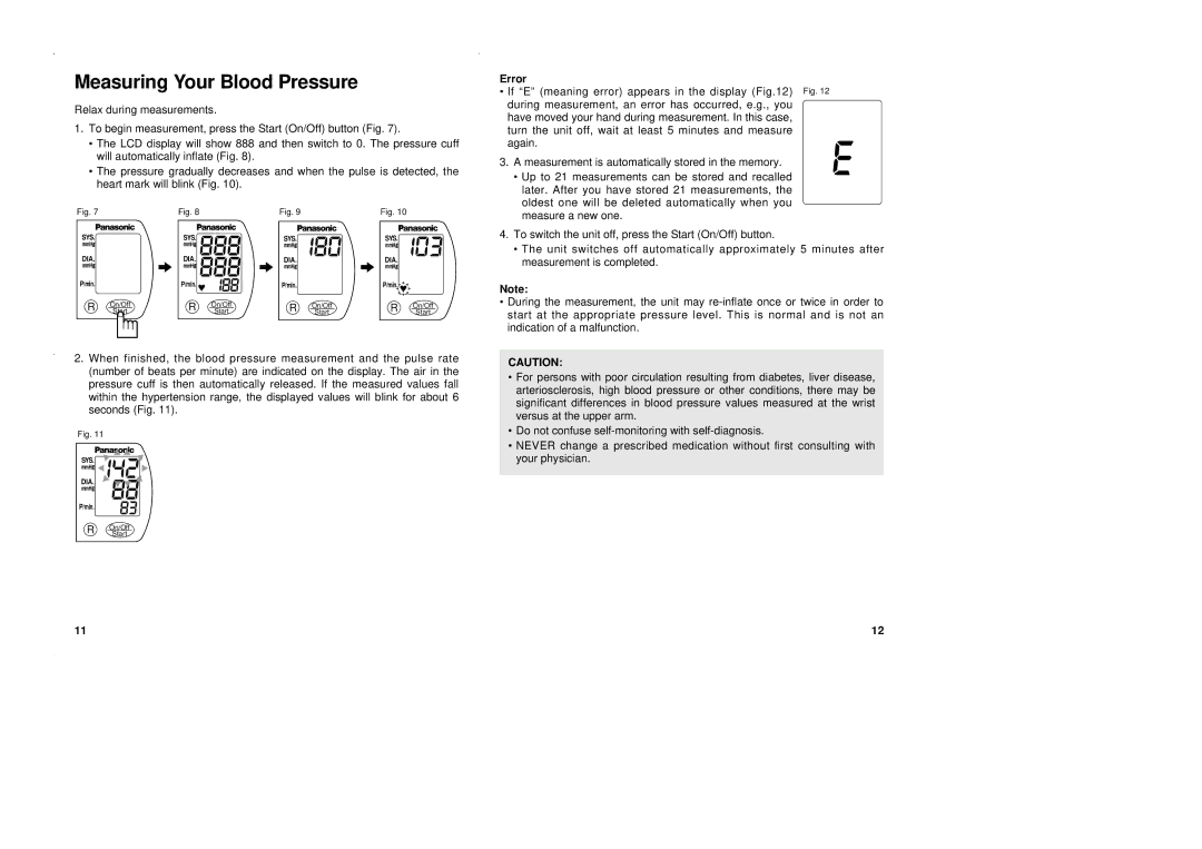 Panasonic EW3002 operating instructions Measuring Your Blood Pressure, Error 