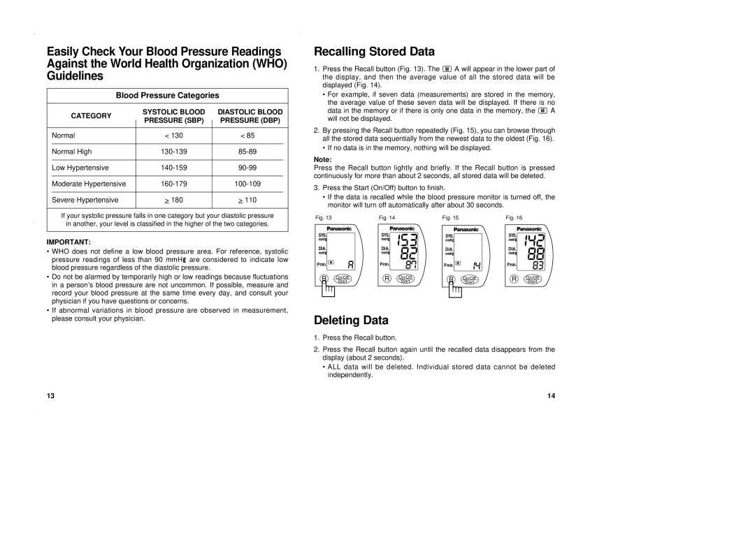 Panasonic EW3002 operating instructions Recalling Stored Data, Deleting Data 